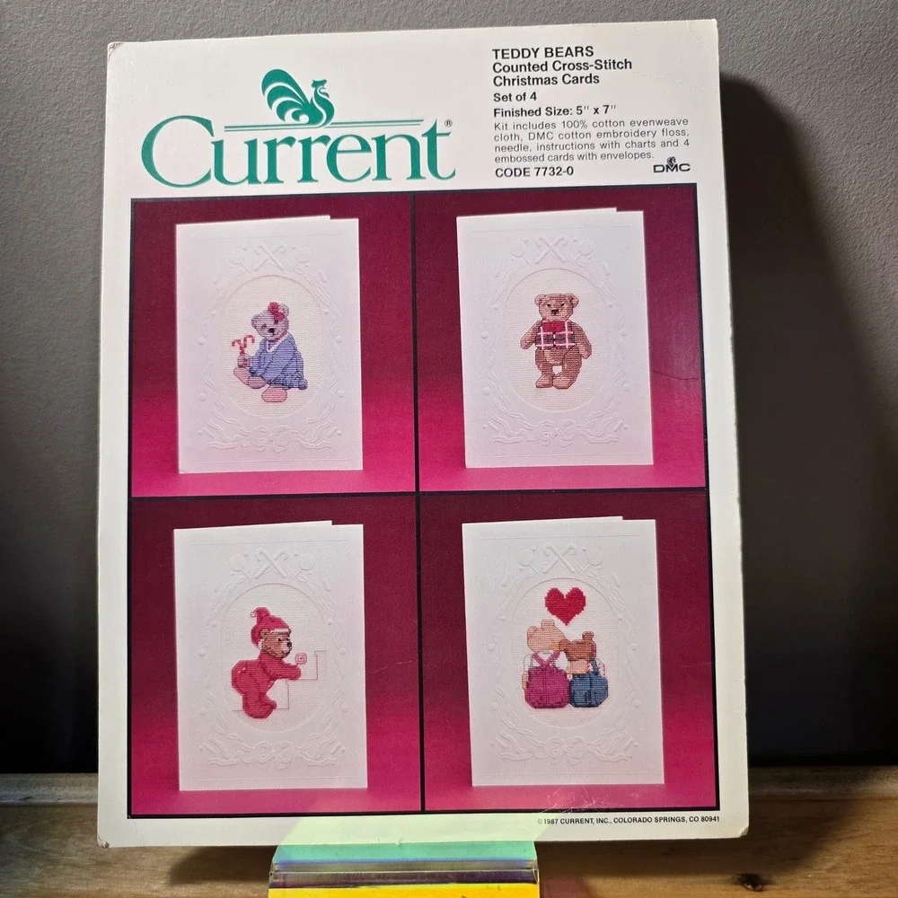 Vintage 1987 Current Teddy Bears Counted Cross Stitch Christmas Cards Kit 7732-0